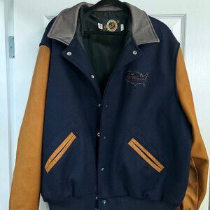 Dehen Men's Varsity Jacket with Leather Sleeves & Collar - XL - Navy & Brown